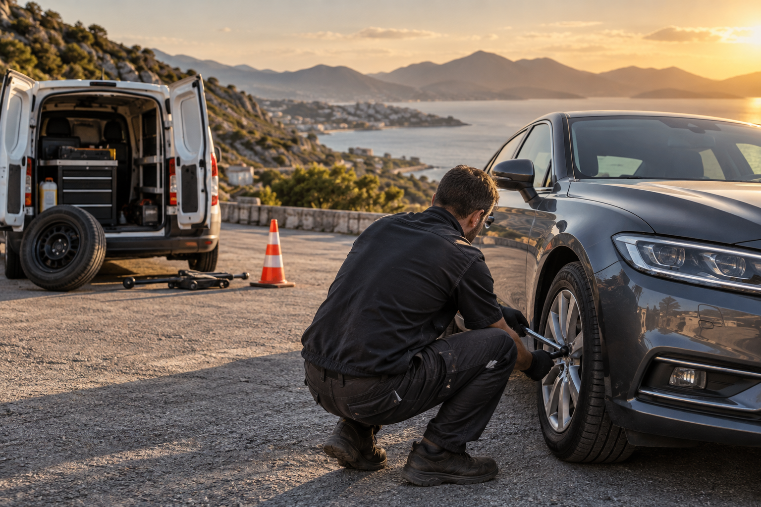 Yol kenarında bir otomobilin lastiğine müdahale eden mobil servis ustasını gösteren temsili görsel